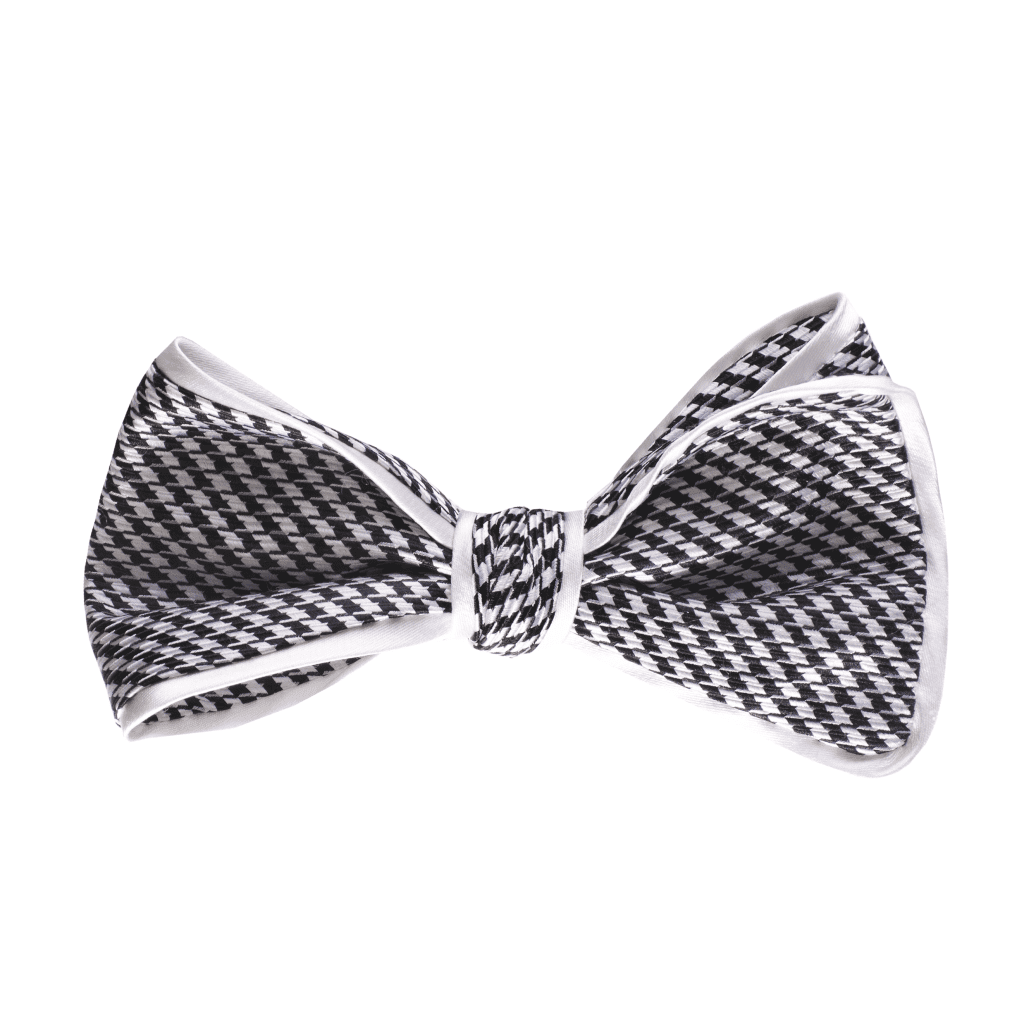 Inspired Knots Satin Black Hounds Tooth Bow Tie With White Piping