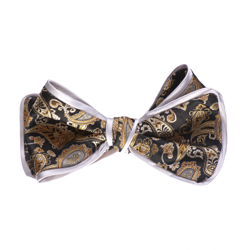 Inspired Knots Satin Black And Gold Bow Tie With White Piping