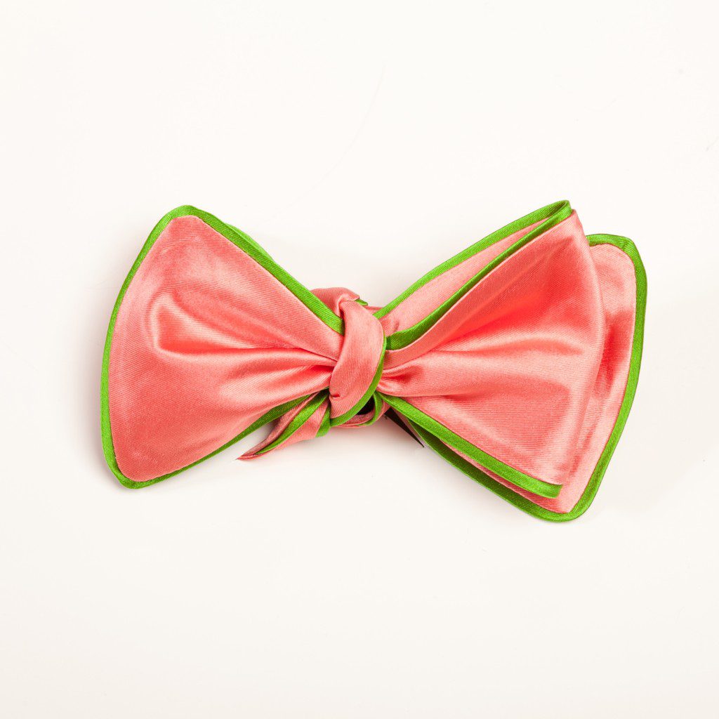 Inspired Knots Satin Pink Bow Tie With Green Piping Inspired Knots Satin Pink Bow Tie With Green Piping