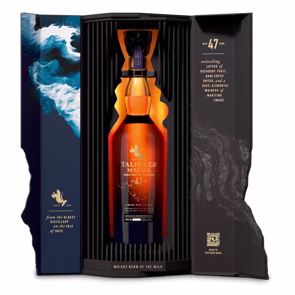 Talisker Magma 47-Year-Old single malt Scotch whisky bottle in a sculptural luxury presentation inspired by volcanic rock and the Isle of Skye.
