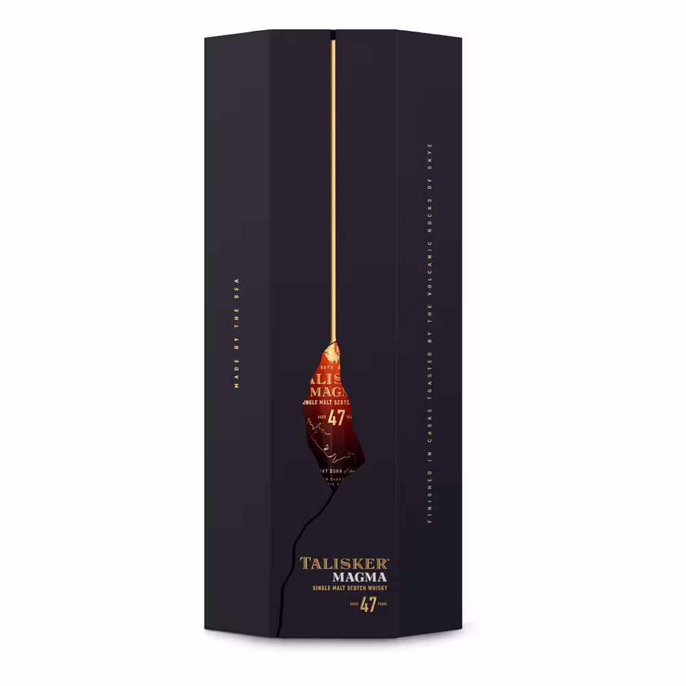 Talisker Magma 47-Year-Old single malt Scotch whisky bottle in a sculptural luxury presentation inspired by volcanic rock and the Isle of Skye.