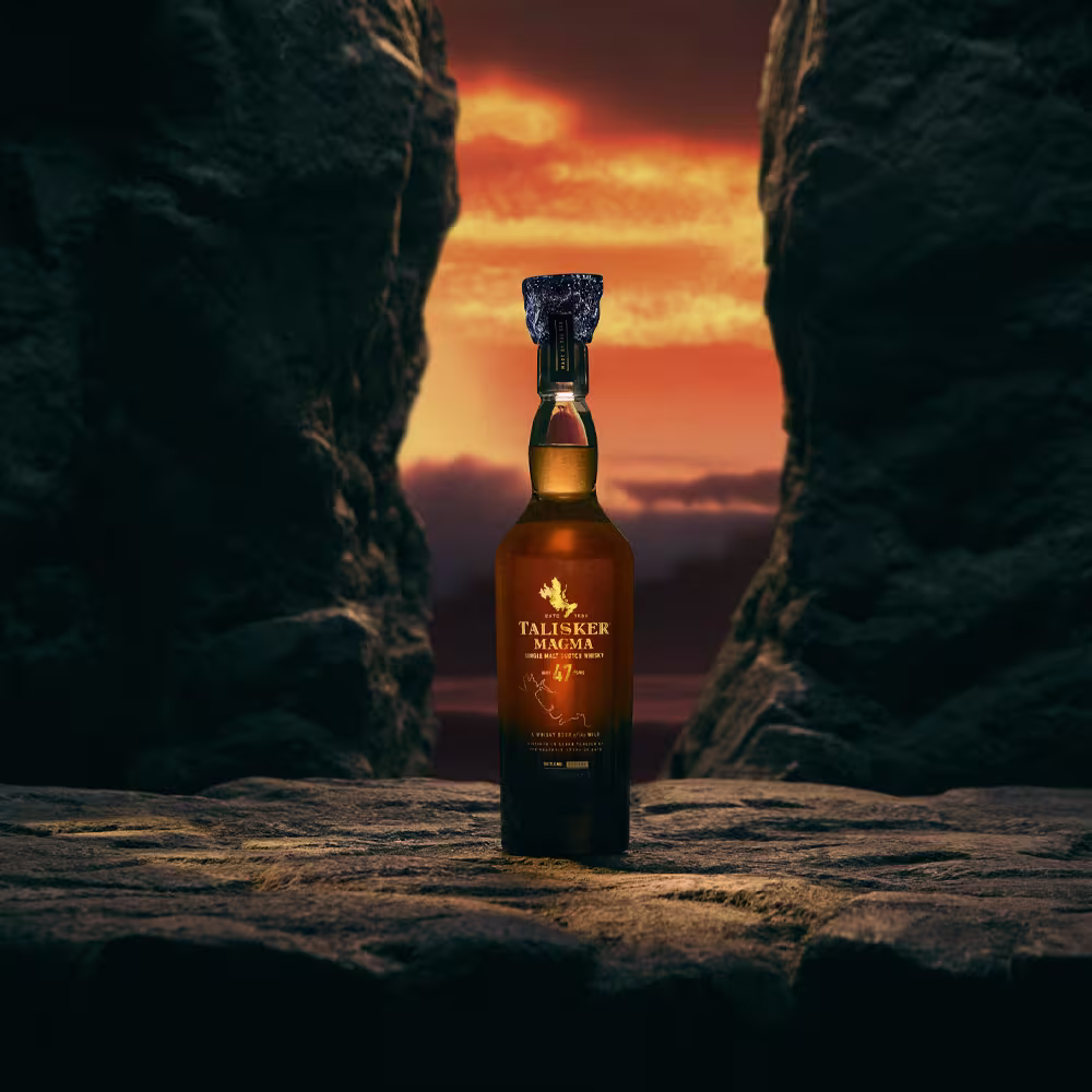 Talisker Magma 47-Year-Old single malt Scotch whisky bottle in a sculptural luxury presentation inspired by volcanic rock and the Isle of Skye.