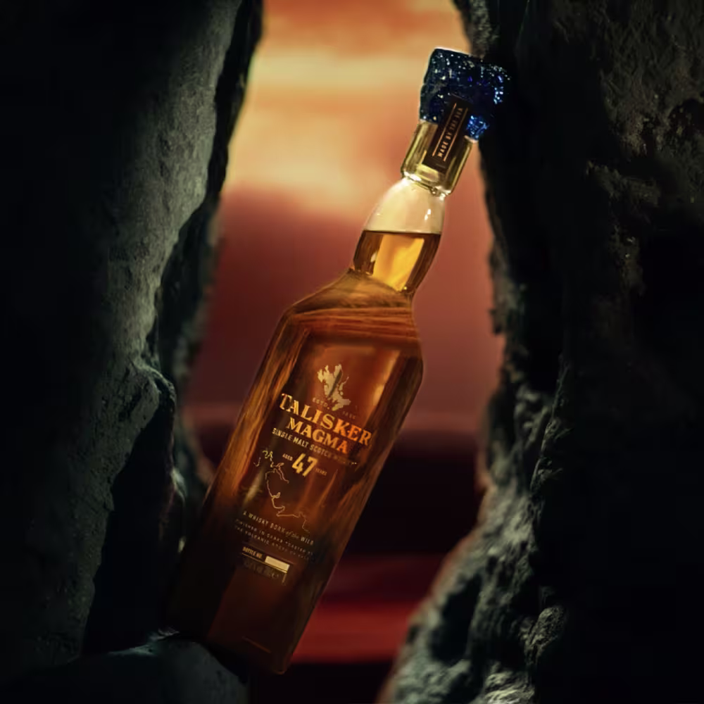 Talisker Magma 47-Year-Old single malt Scotch whisky bottle in a sculptural luxury presentation inspired by volcanic rock and the Isle of Skye.
