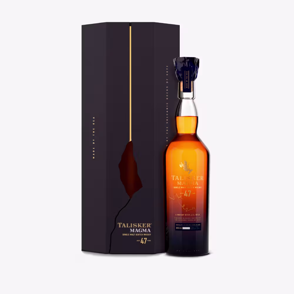 Talisker Magma 47-Year-Old single malt Scotch whisky bottle in a sculptural luxury presentation inspired by volcanic rock and the Isle of Skye.