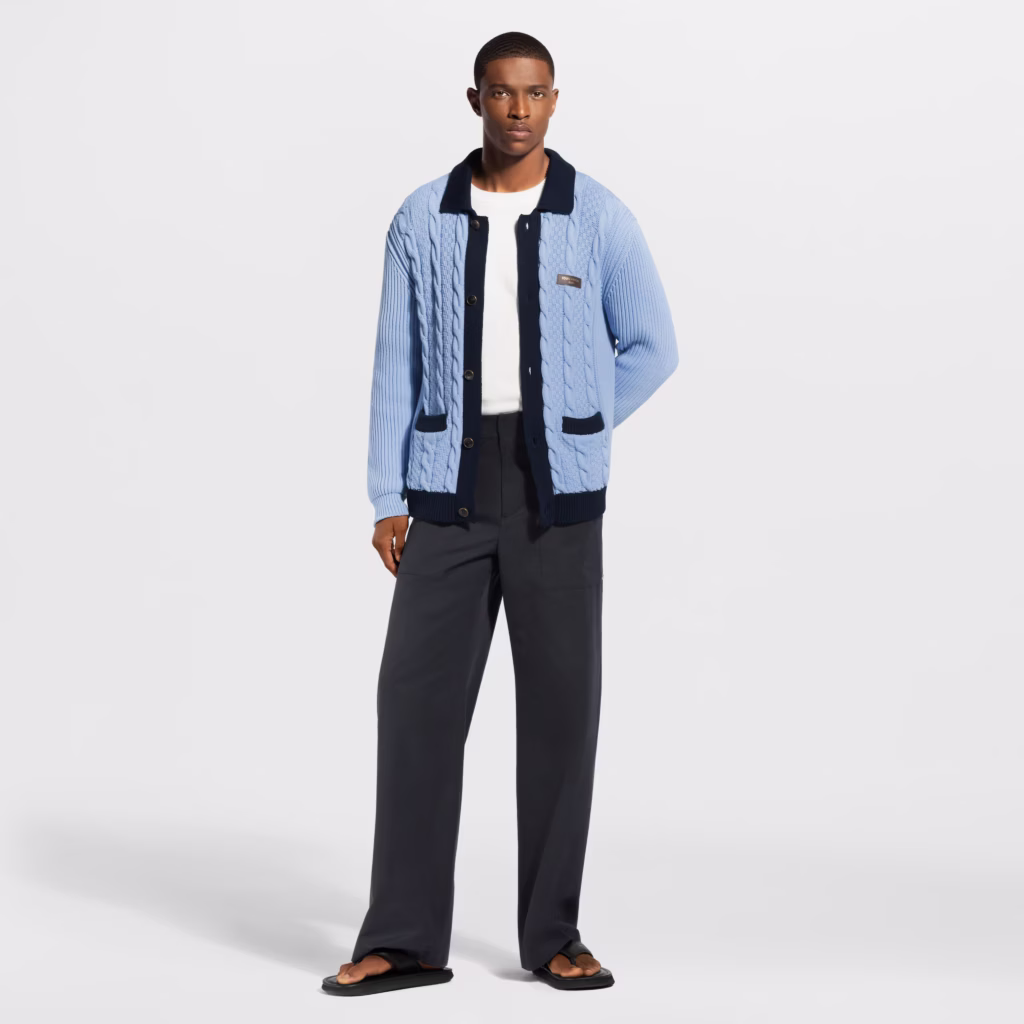 Louis Vuitton Cable-Knit Shirt Cardigan in pale blue with navy trim, shirt collar, button fastening, and subtle Damier knit detailing.