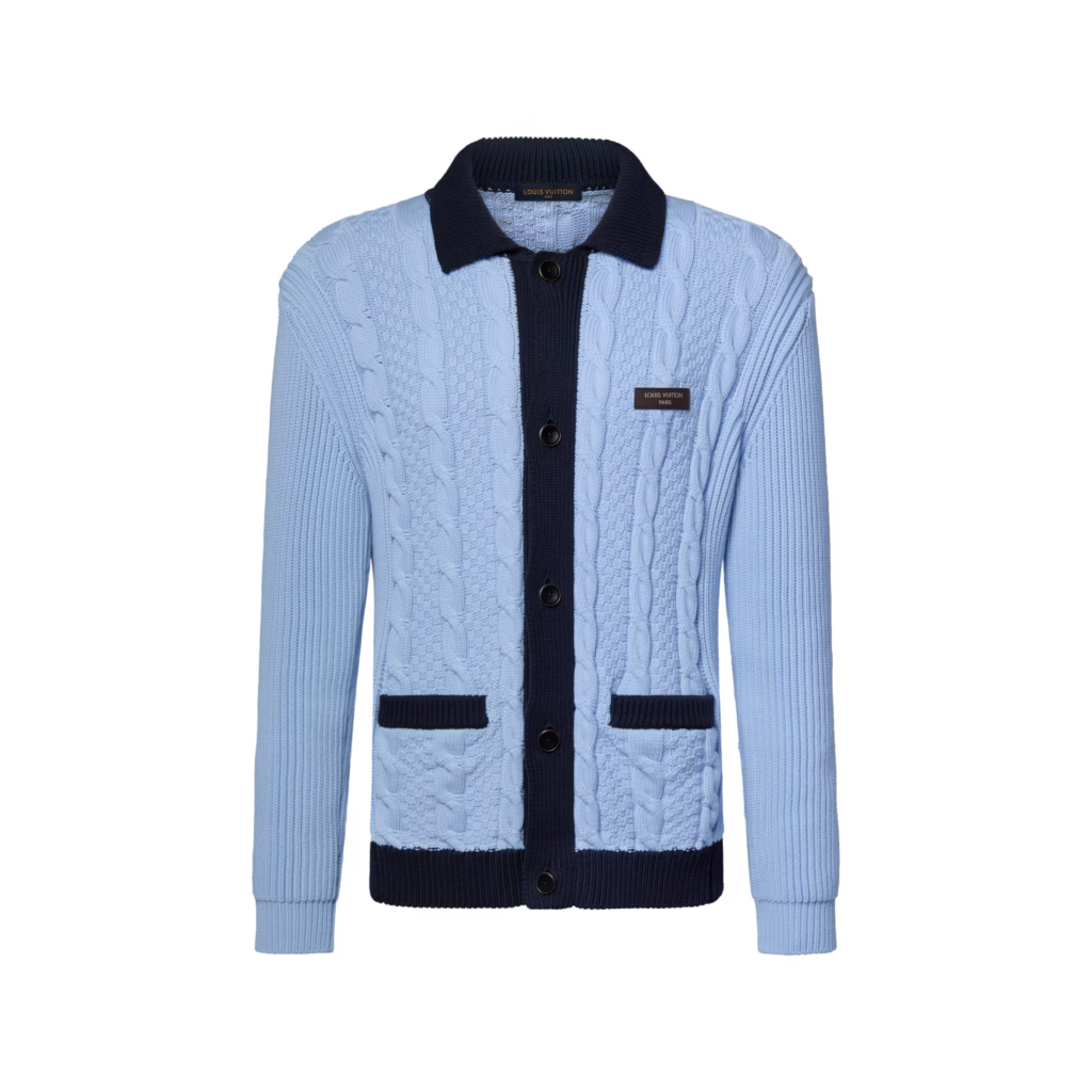 Louis Vuitton Cable-Knit Shirt Cardigan in pale blue with navy trim, shirt collar, button fastening, and subtle Damier knit detailing.