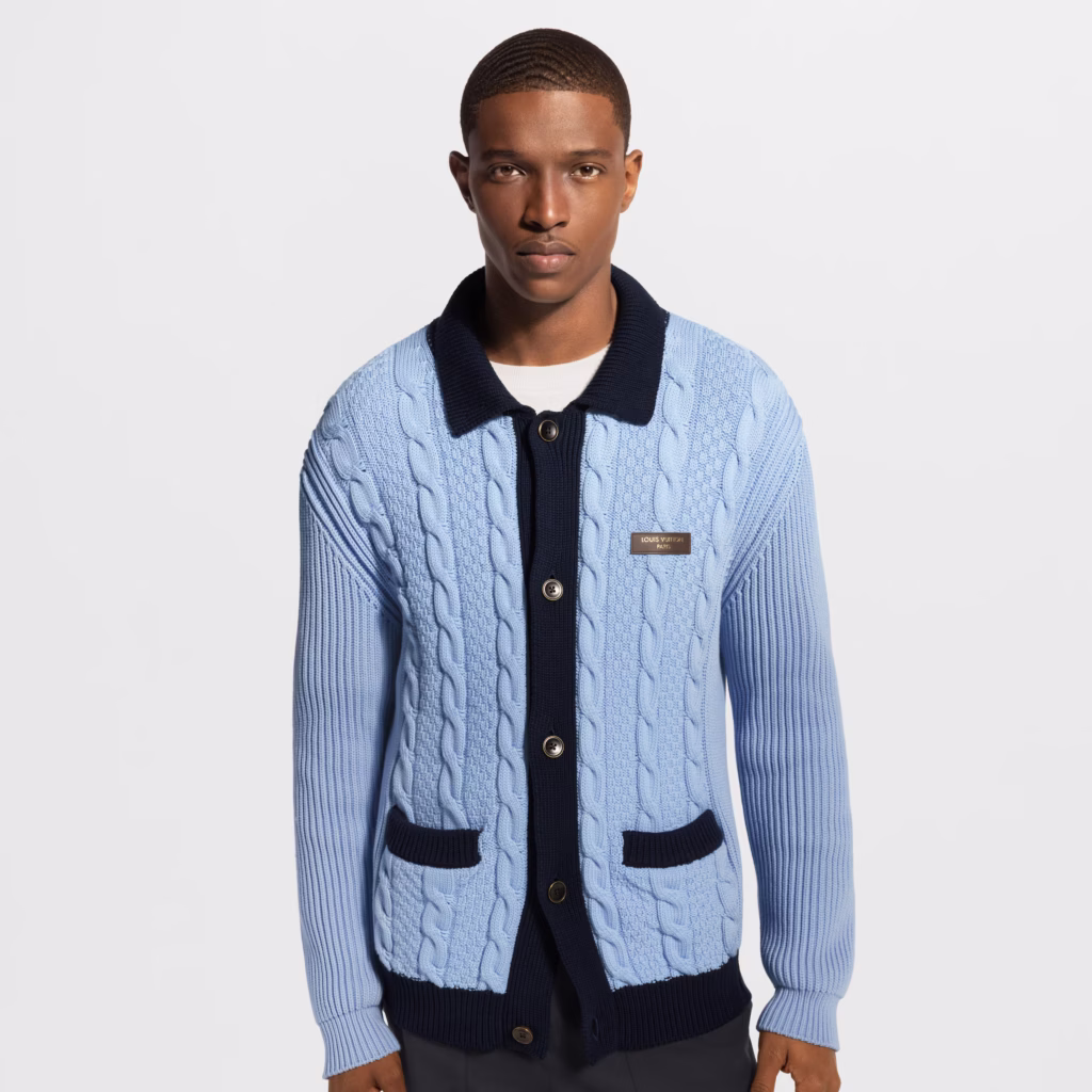 Louis Vuitton Cable-Knit Shirt Cardigan in pale blue with navy trim, shirt collar, button fastening, and subtle Damier knit detailing.