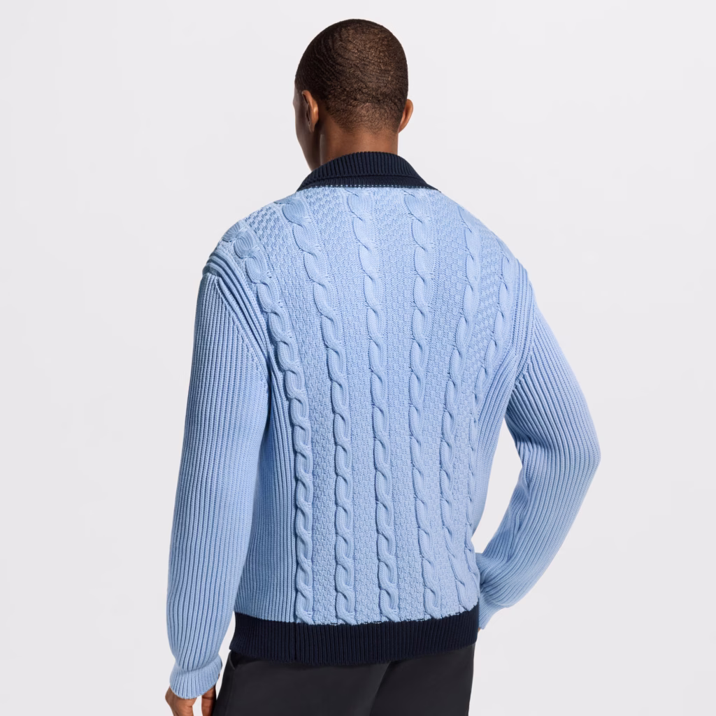 Louis Vuitton Cable-Knit Shirt Cardigan in pale blue with navy trim, shirt collar, button fastening, and subtle Damier knit detailing.