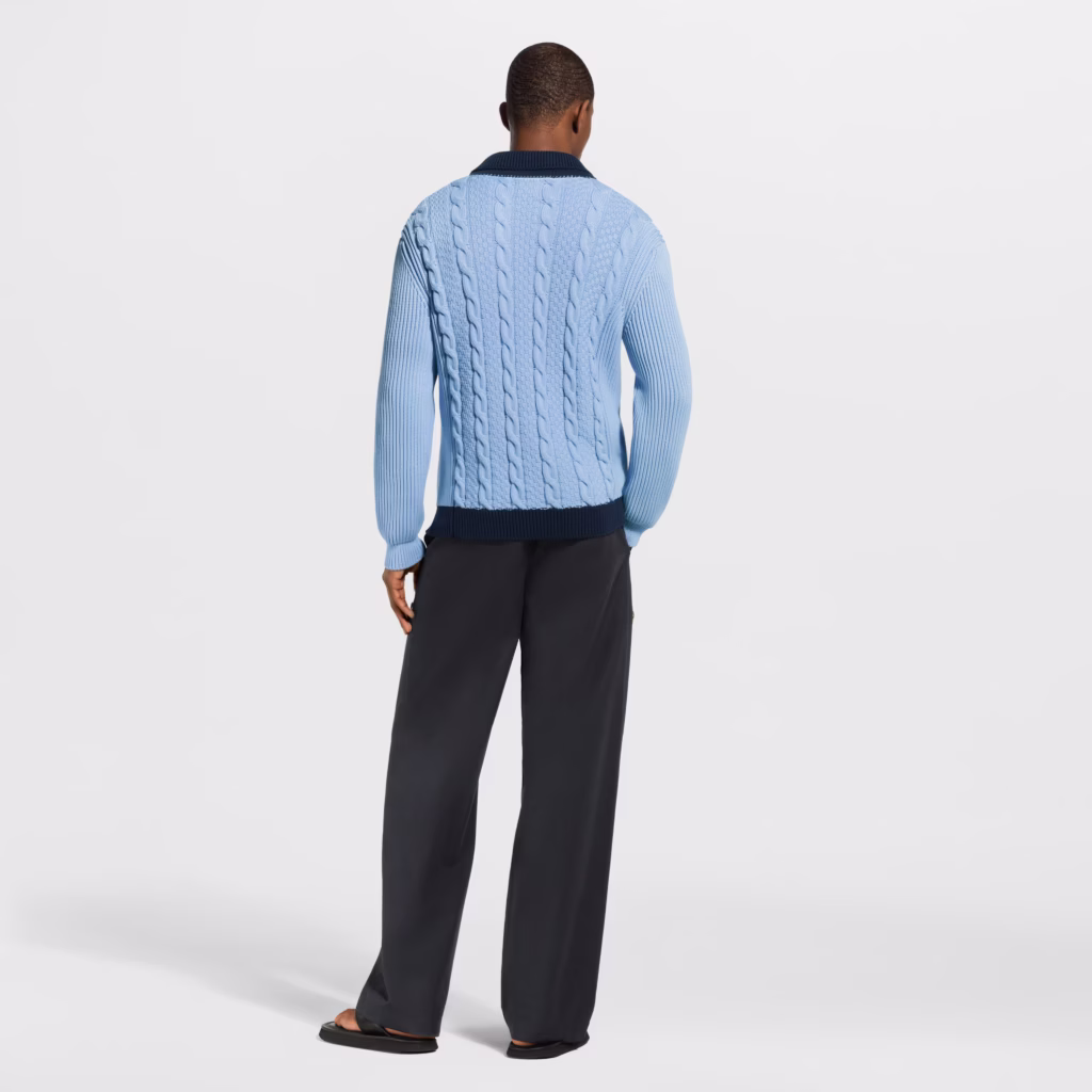 Louis Vuitton Cable-Knit Shirt Cardigan in pale blue with navy trim, shirt collar, button fastening, and subtle Damier knit detailing.