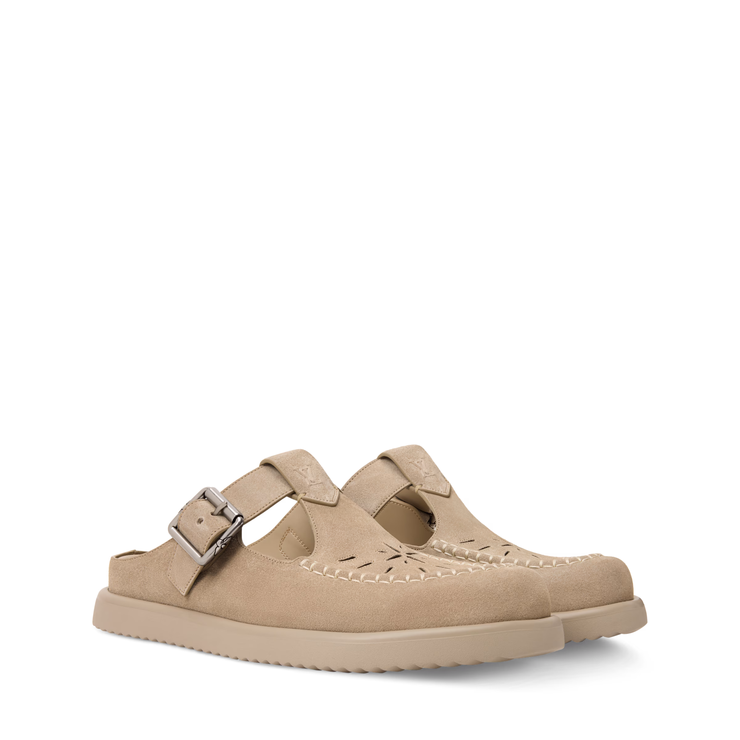 Louis Vuitton LV Easy Mule in gray suede calf leather with adjustable buckle strap, LV Initials, Monogram Flower buckle detail, and lightweight rubber outsole.
