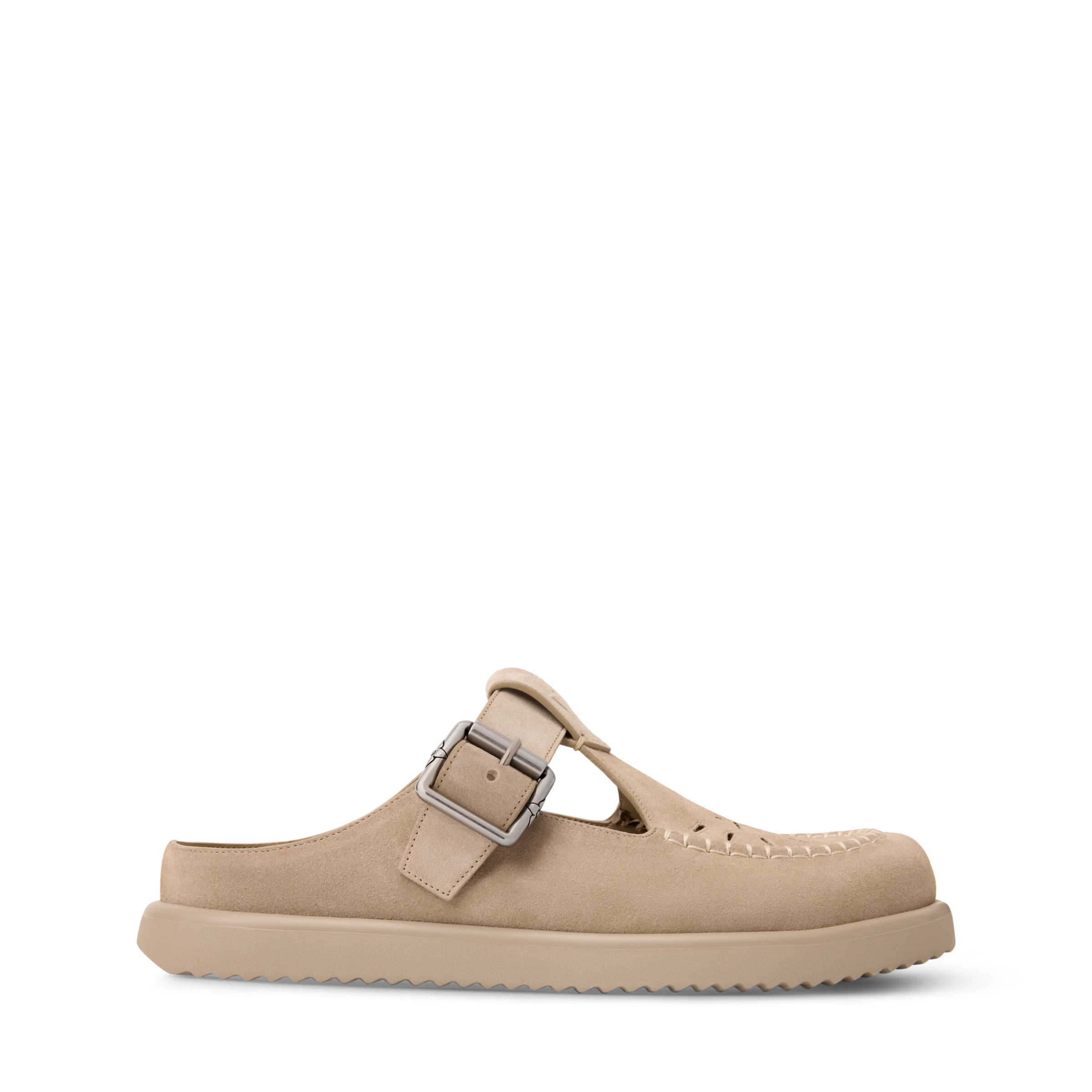 Louis Vuitton LV Easy Mule in gray suede calf leather with adjustable buckle strap, LV Initials, Monogram Flower buckle detail, and lightweight rubber outsole.