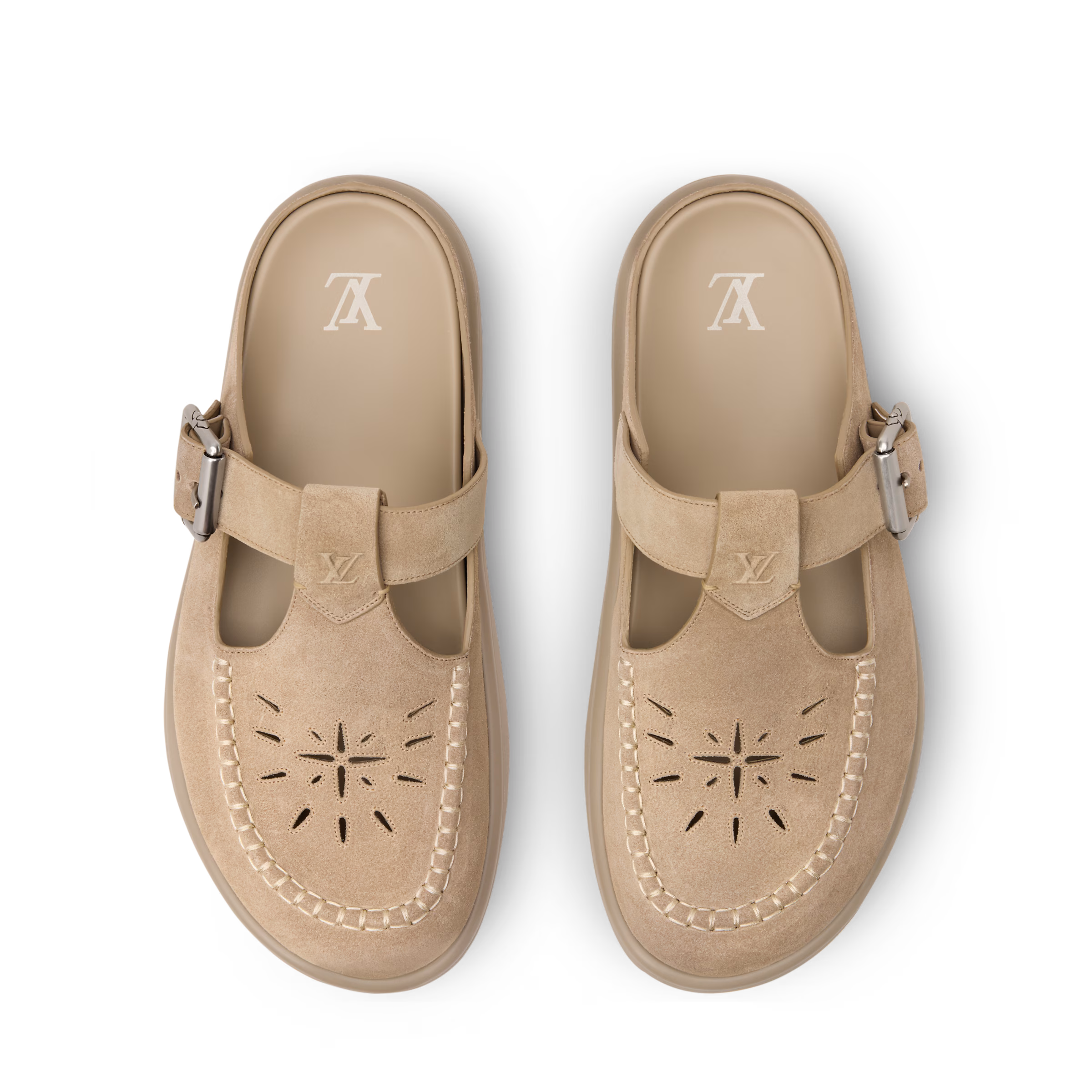 Louis Vuitton LV Easy Mule in gray suede calf leather with adjustable buckle strap, LV Initials, Monogram Flower buckle detail, and lightweight rubber outsole.