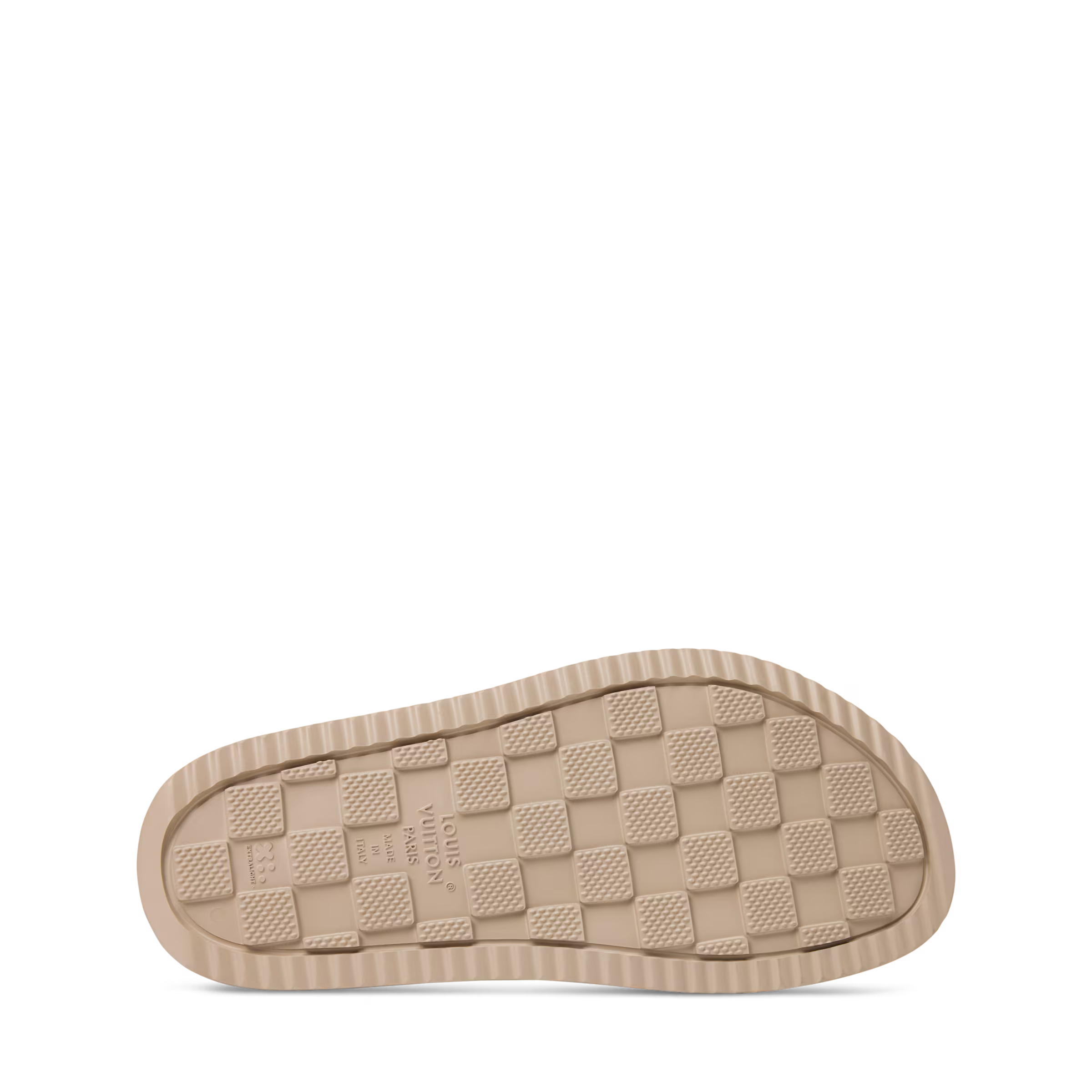 Louis Vuitton LV Easy Mule in gray suede calf leather with adjustable buckle strap, LV Initials, Monogram Flower buckle detail, and lightweight rubber outsole.