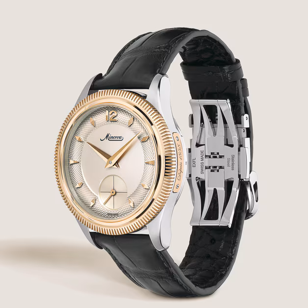 Montblanc Minerva Unveiled Crownless watch with a gold-colored guilloché dial, rose gold fluted bezel, stainless steel case, small seconds display, and dark green alligator strap.