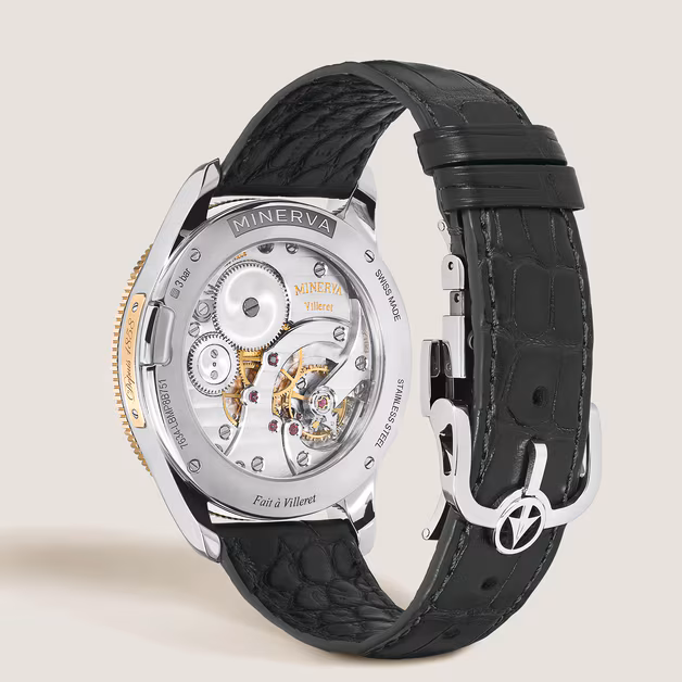 Montblanc Minerva Unveiled Crownless watch with a gold-colored guilloché dial, rose gold fluted bezel, stainless steel case, small seconds display, and dark green alligator strap.