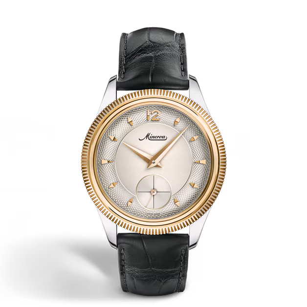 Montblanc Minerva Unveiled Crownless watch with a gold-colored guilloché dial, rose gold fluted bezel, stainless steel case, small seconds display, and dark green alligator strap.