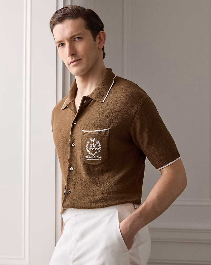 Ralph Lauren Purple Label Wimbledon Short-Sleeve Cardigan in Soft Mocha and Classic Cream with embroidered tennis crest.