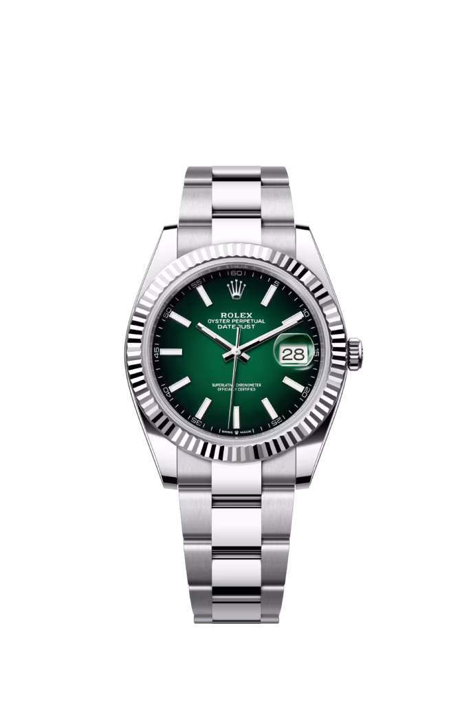 Rolex Datejust 41 in Oystersteel and white gold with green ombré dial, fluted bezel, and Oyster bracelet.