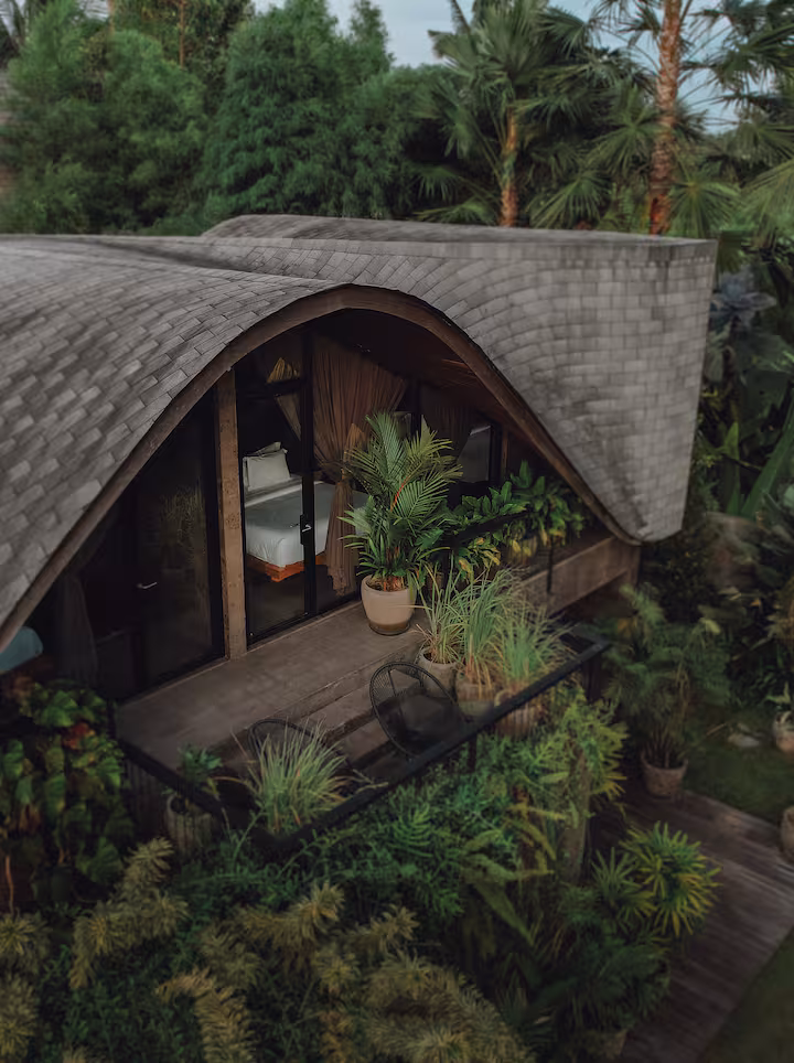 Alpha House Bali by Alexis Dornier featuring its sculptural curved roof, tropical gardens and natural-stone infinity pool in Ubud.