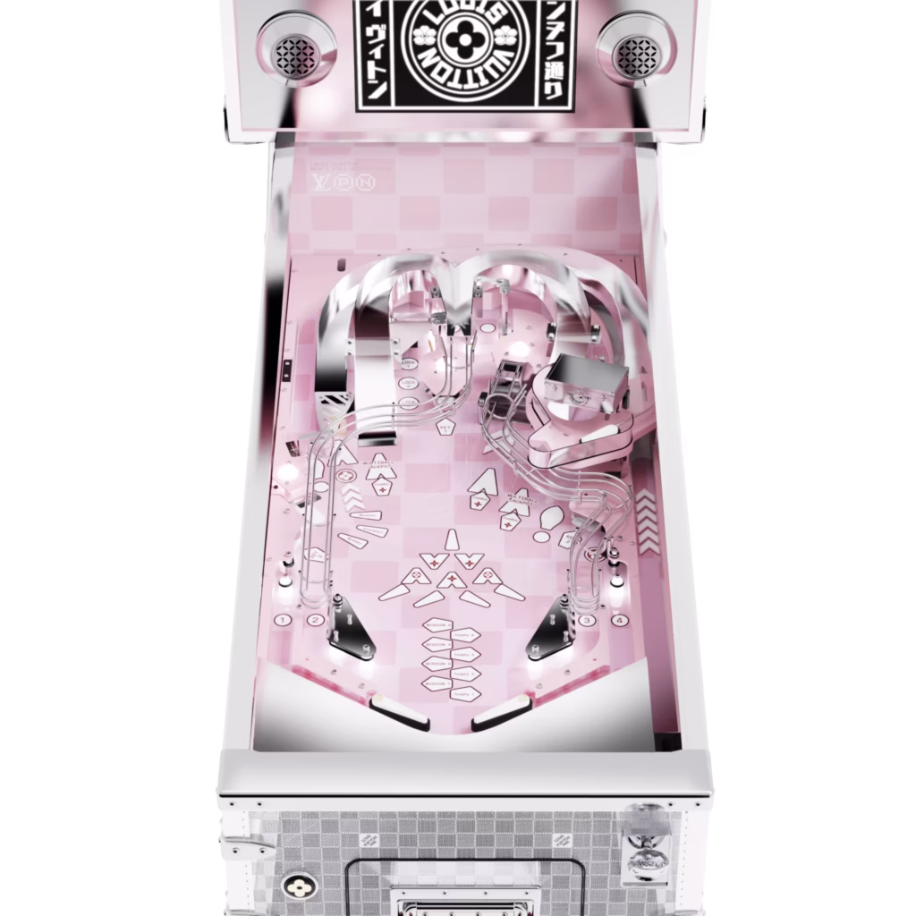 Louis Vuitton Pinball machine in Damier Miroir canvas with chrome-plated details and a trunk-inspired cabinet.