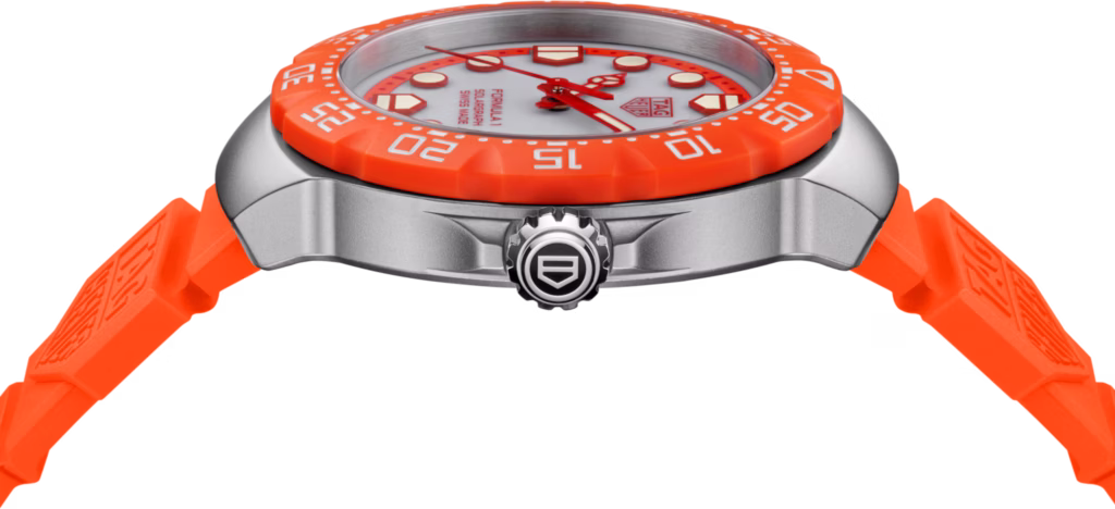 TAG Heuer Formula 1 Solargraph Zandvoort limited-edition watch with orange bezel and rubber strap on a white background