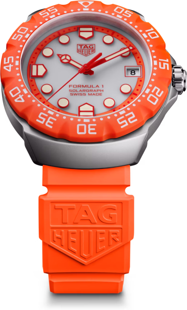 TAG Heuer Formula 1 Solargraph Zandvoort limited-edition watch with orange bezel and rubber strap on a white background