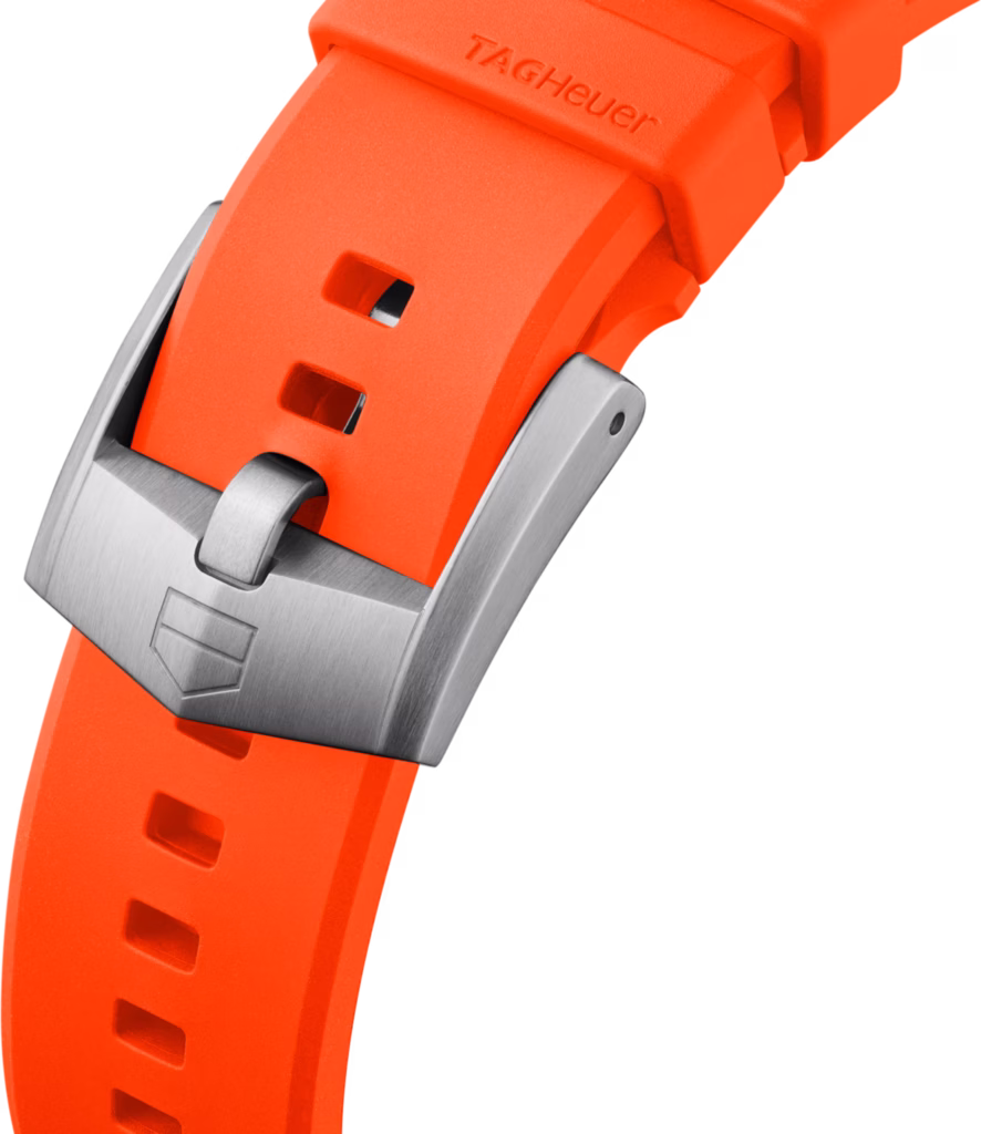 TAG Heuer Formula 1 Solargraph Zandvoort limited-edition watch with orange bezel and rubber strap on a white background