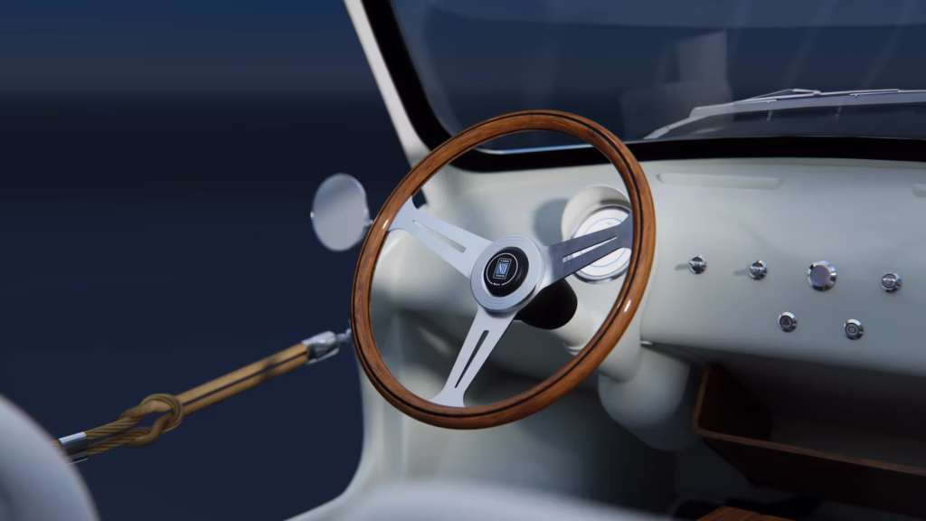 Garage Italia x Hot Lab Spiaggina interior with wood trim, marine flooring, striped upholstery and Nardi steering wheel.