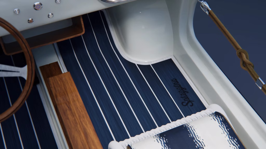 Garage Italia x Hot Lab Spiaggina interior with wood trim, marine flooring, striped upholstery and Nardi steering wheel.
