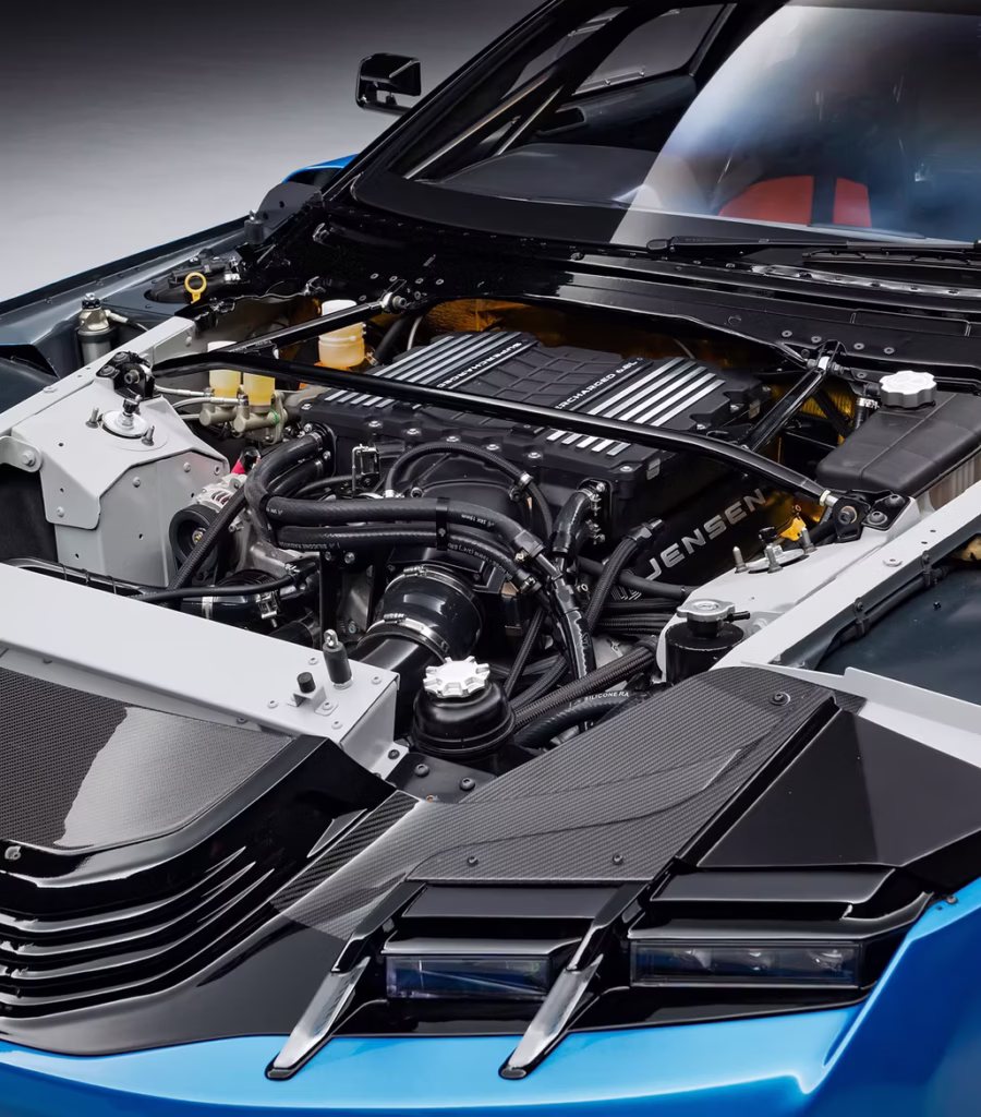 Jensen Interceptor GTX engine bay showing the supercharged V8, carbon-fiber components and chassis bracing.