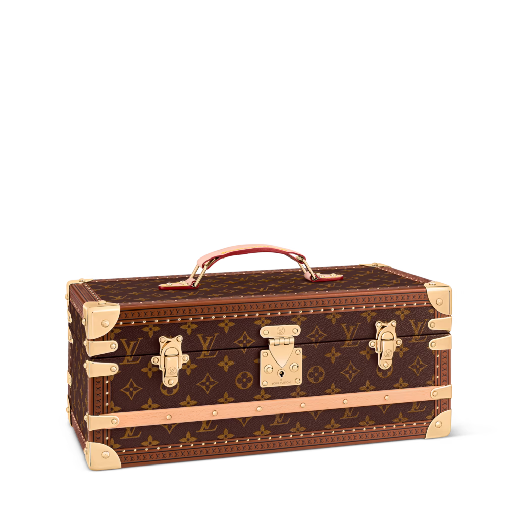 Louis Vuitton champagne trunk in Monogram canvas, shown in product views with orange interior, removable inserts and champagne bottle storage.